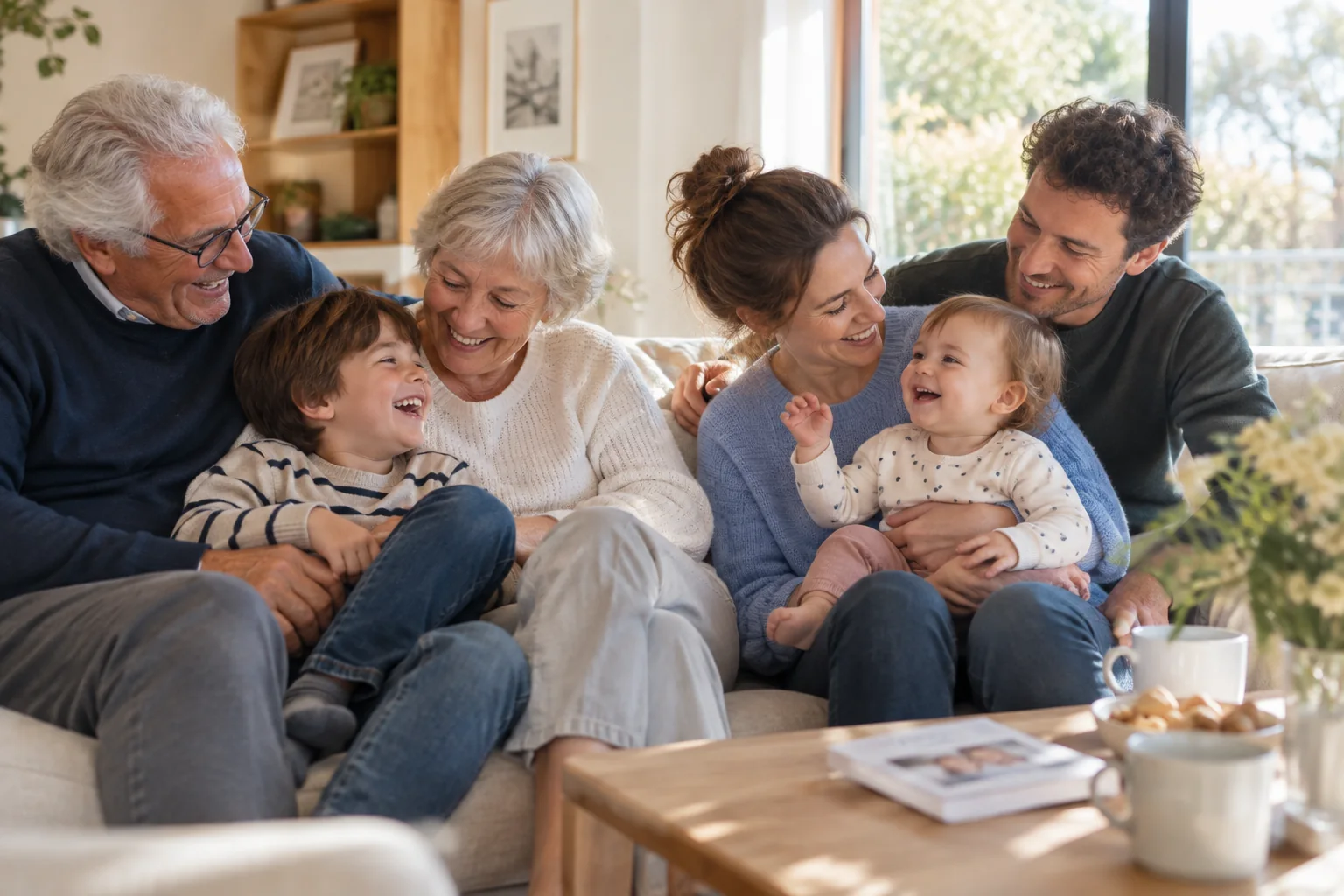 Une famille de plusieurs générations réunie dans un salon lumineux