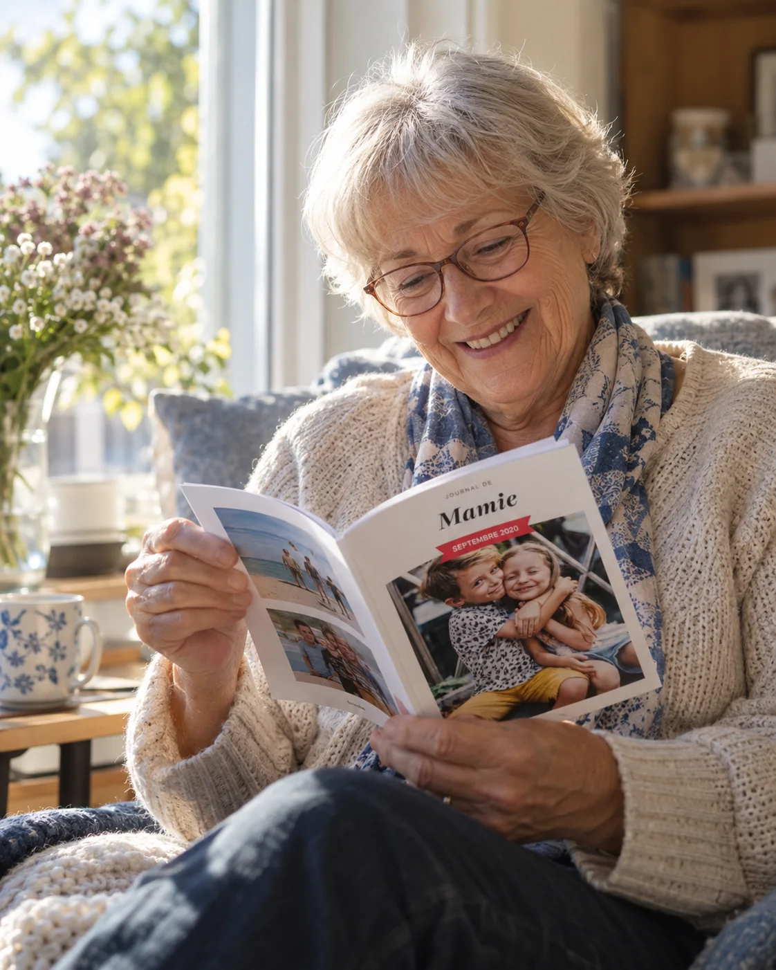 Une femme âgée feuillette avec joie son journal photo