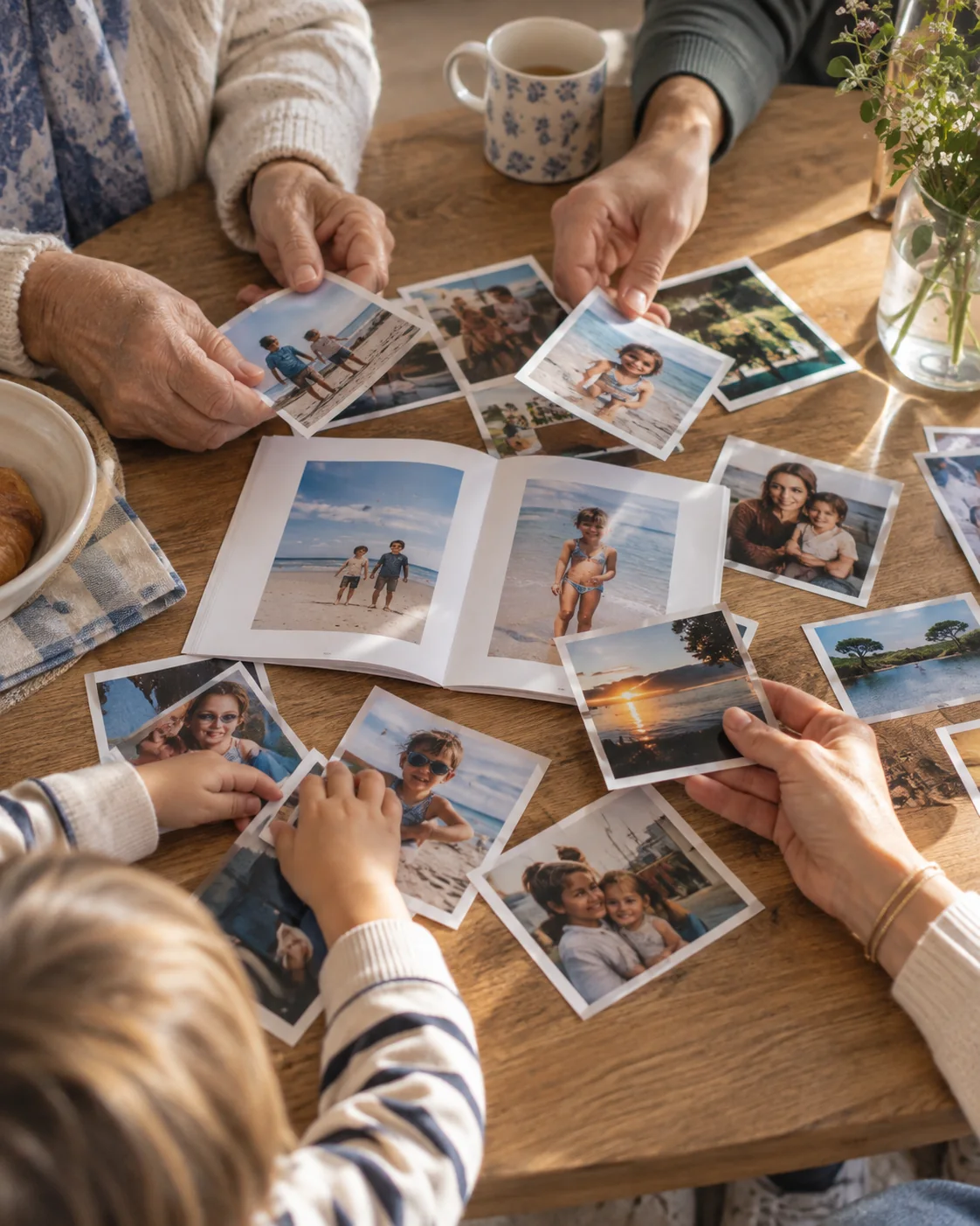 Plusieurs générations partagent des photos de famille autour d'une table